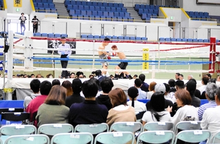 西日本新人王戦トーナメントが行われた神戸市立中央体育館。デビュー間もない選手がしのぎを削る＝４月１９日