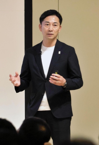 新アリーナを構えた神戸への期待を語ったＢリーグの島田慎二チェアマン＝24日、神戸市中央区