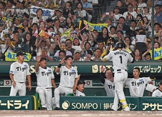 阪神－巨人　８回裏１死、森下が本塁打を放ち沸き立つベンチや観客＝２９日午後、西宮市の甲子園球場（撮影・斎藤雅志）