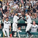 阪神－巨人　８回裏１死、佐藤輝明（右から２人目）が本塁打を放ち沸き立つベンチや観客＝２９日午後、西宮市の甲子園球場（撮影・斎藤雅志）