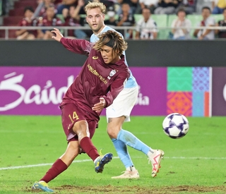 神戸－メルボルン・シティー　後半追加タイム、決勝ゴールを決める神戸の汰木（撮影・丸山桃奈）