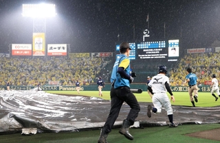 阪神-ＤｅＮＡ　激しい雨のため中断された甲子園球場＝西宮市の甲子園球場（撮影・丸山桃奈）