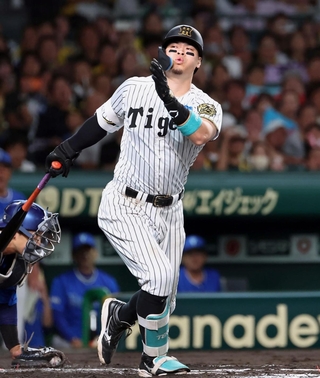 阪神-ＤｅＮＡ　６回、三振に倒れる阪神・佐藤輝＝西宮市の甲子園球場（撮影・丸山桃奈）