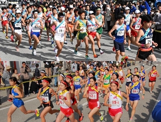 昨年の兵庫県高校駅伝で、一斉にスタートする男女１区の選手たち＝２０２４年１１月、丹波篠山市