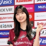 Ｊ１神戸の鹿島戦を前に、アンバサダーとして意気込みを語った乃木坂４６の五百城茉央さん＝神戸市兵庫区、ノエビアスタジアム神戸