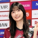 Ｊ１神戸の鹿島戦を前に、アンバサダーとして意気込みを語った乃木坂４６の五百城茉央さん＝神戸市兵庫区、ノエビアスタジアム神戸