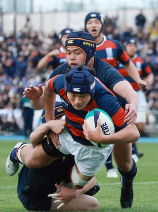 関学-国学院栃木　後半、トライを決める関学・宮嵜＝大阪府東大阪市、花園ラグビー場（撮影・鈴木雅之）