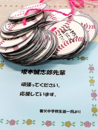 坂本誠志郎捕手の母校、養父中学校の生徒らが寄せた応援メッセージ＝養父市十二所の同校