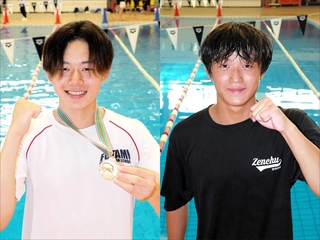 原田夏響（左）と粂田一平＝神戸市立ポートアイランドスポーツセンター