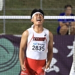 陸上男子ハンマー投げ決勝　６４メートル６３を記録し、雄叫びをあげる社の水野光＝滋賀県、平和堂ＨＡＴＯスタジアム（撮影・丸山桃奈）