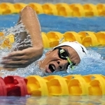 県高校総体の競泳男子１５００メートル自由形で圧勝し、全国制覇を誓う須磨学園の上岡凌太＝６月２７日、神戸市立ポートアイランドスポーツセンター