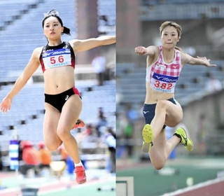 幅跳びの高良彩花（左）と三段跳びの船田茜里
