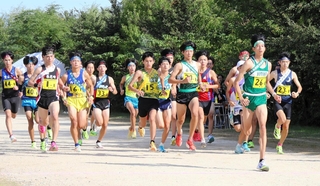 県高校駅伝の阪神地区予選会で一斉にスタートする男子の選手たち＝西宮市、武庫川河川敷