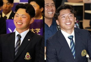 阪神からドラフト１位指名を受けた明治大の榊原七斗外野手（左）と広島にドラフト１位で指名された亜細亜大の山里宝内野手