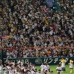 リーグ優勝のペナントを持ってグラウンドを一周する阪神・藤川球児監督や選手たち＝６日夜、西宮市の甲子園球場（撮影・笠原次郎）