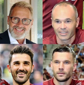 左上から時計回りにＪ１神戸のフィンク監督、イニエスタ、ポドルスキ、ビジャ