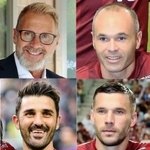 左上から時計回りにＪ１神戸のフィンク監督、イニエスタ、ポドルスキ、ビジャ