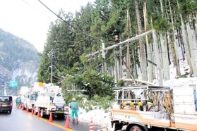 雪の影響で倒れた電柱などの復旧工事が進む現場＝香美町村岡区入江