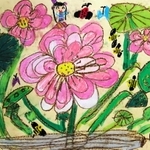ハスの花や友人たちを描いた西垣文乃ちゃんの作品