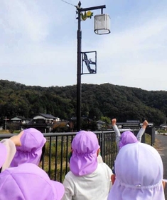 地域の魅力を紹介するプレートが付いた街灯を巡る園児たち（八代おもいやりネット提供）