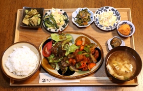 地元産の有機野菜を中心とした品数豊富なランチプレート＝朝来市生野町