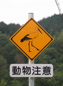 コウノトリがデザインされた標識＝朝来市山東町三保