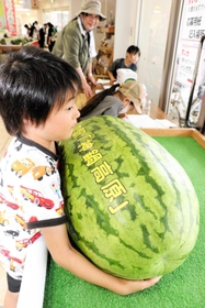 ジャンボスイカに両手を回し、重さを予想する子ども＝道の駅「神鍋高原」