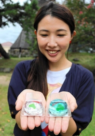 辰鼓楼をイメージした「辰のしずく」と、湖月堂の企画広報担当の石田安佳梨さん＝豊岡市出石町内町