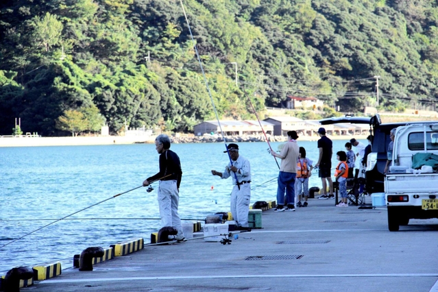 禁止掲示の撤回後、岸壁で釣りを楽しむ人たち＝柴山港