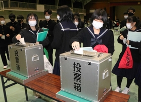 模擬投票を行う生徒＝生野高