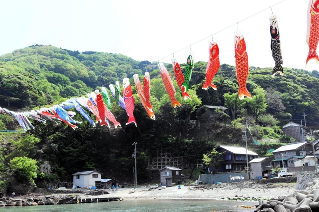 なびいて泳ぐこいのぼり＝香美町香住区鎧