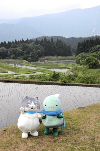 氷ノ山を望む棚田を背景に、記念撮影するマル（左）と養父市のキャラクター「やっぷー」＝養父市別宮