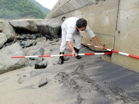 工事前の調査風景。波風の侵食で歩道の基礎にできた隙間。地下水や海水が砂を流出させ、陥没の危険性も生じる＝新温泉町芦屋（但馬水産事務所提供）