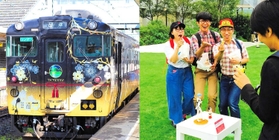 観光列車「うみやまむすび」（左）と、スイッチ総研（豊岡演劇祭実行委員会提供）