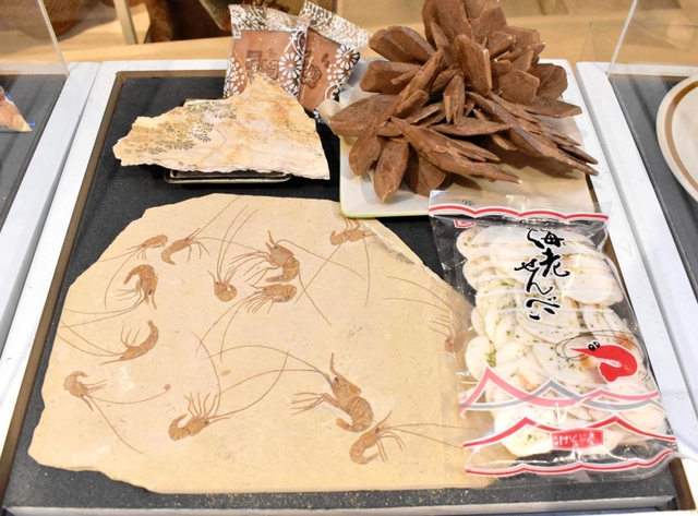 エビの化石がくっきりと残る石「えびせんべい」（手前）と、瓦煎餅が連なっているように見える石＝玄武洞ミュージアム