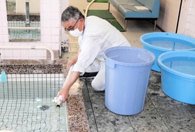 広島市内へ届けられた湯村温泉の源泉＝広島市安佐北区倉掛（新温泉町提供）