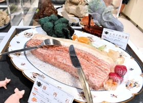 「豚肉石」（手前）とひすいの白菜＝玄武洞ミュージアム