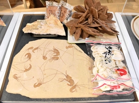 エビの化石がくっきりと残る石「えびせんべい」（手前）と、瓦煎餅が連なっているように見える石＝玄武洞ミュージアム
