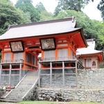 大雪の影響で破損した部分の保存修理工事が終わった名草神社の拝殿（手前）と本殿＝養父市八鹿町石原