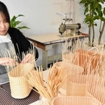 手編みで商品を仕上げる杞柳細工職人の山本香織さん＝豊岡市中央町