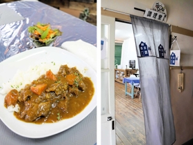 【左】看板メニューの「牛すじカレー」【右】「カフェＬＦ」の入り口＝いずれも養父市大屋町加保