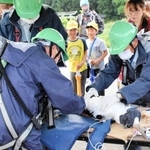 健康チェックや足輪の装着などがされたコウノトリのひな。東河小学校児童らが見学した＝朝来市和田山町久田和