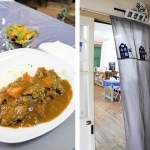 【左】看板メニューの「牛すじカレー」【右】「カフェＬＦ」の入り口＝いずれも養父市大屋町加保