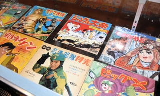 かつてのアニメや特撮番組の主題歌レコードも並ぶ＝ヒメハナ公園