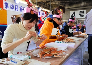 「セコがに綺麗に食べよう大会」の挑戦者たち＝１９日午前、香住漁港西港