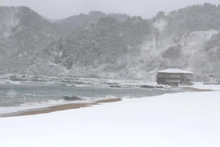 白く染まった海岸＝豊岡市竹野町竹野