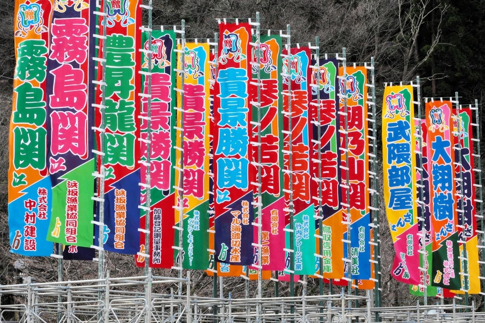 色鮮やかのぼり旗 「大相撲浜坂場所」前に相撲のまち盛り上げ 新