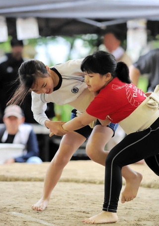 土俵でぶつかり合う子どもたち＝新温泉町浜坂