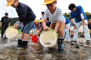 バケツに入ったアユを放流する児童たち＝香美町香住区間室