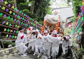 神輿を担いで石階段を上る担い手たち＝宇都野神社
